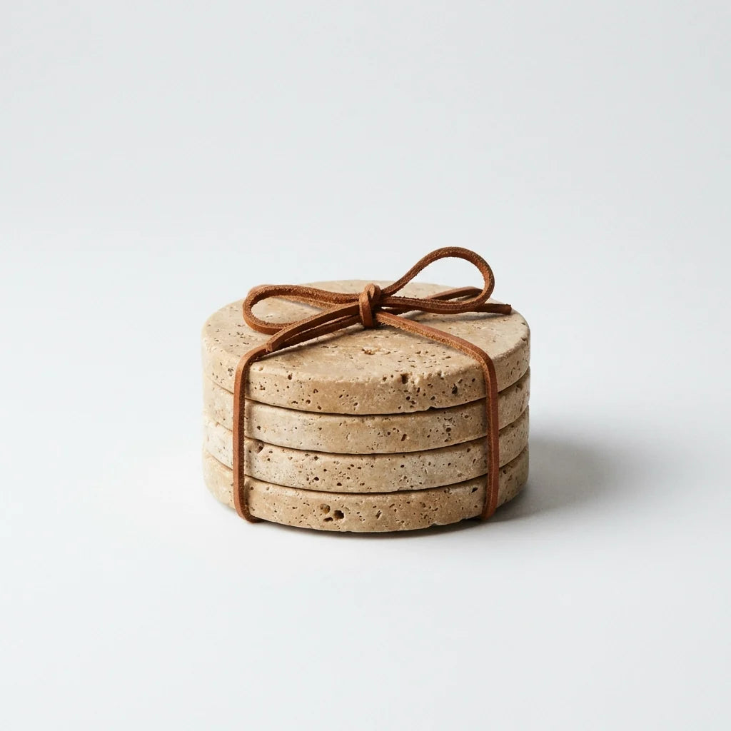Round Stone Look Coaster Set with Leather Tie