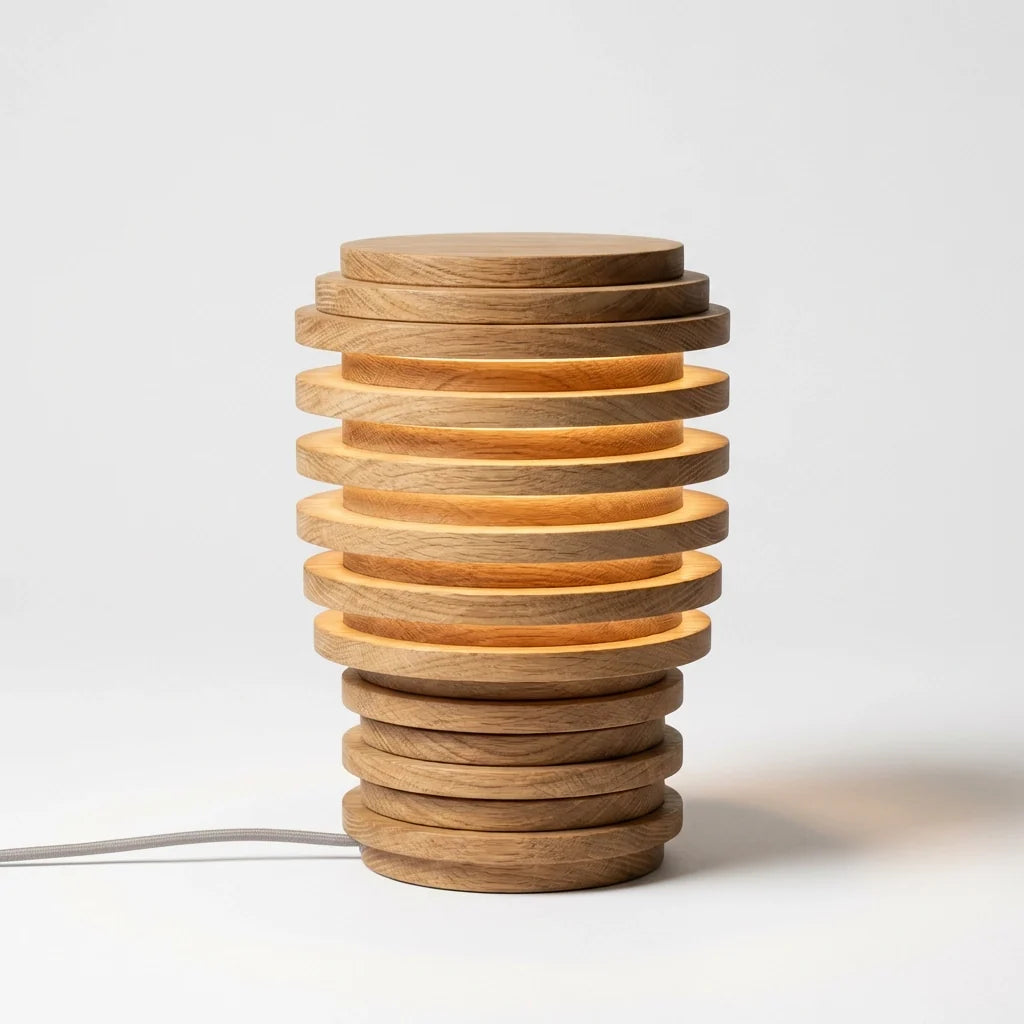 Cylindrical Wooden Table Lamp - Layered Wood Disc Design