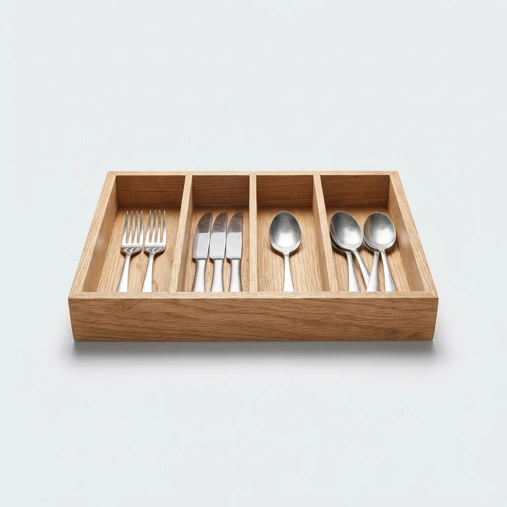 Rectangular Wooden Cutlery Tray - 5-Compartment Organizer