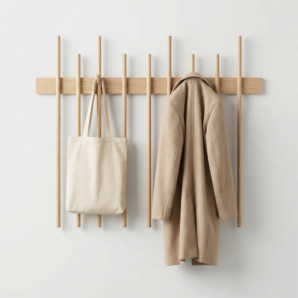 Scandinavian Wooden Wall Rack with Vertical Pegs